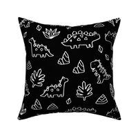 Sketchy tropical leaves and ancient dinosaurs design. Cute black and white dino pattern.