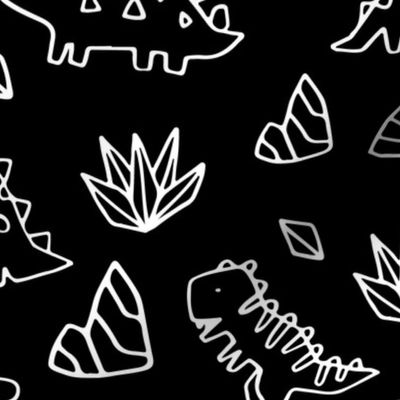 Sketchy tropical leaves and ancient dinosaurs design. Cute black and white dino pattern.