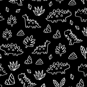 Sketchy tropical leaves and ancient dinosaurs design. Cute black and white dino pattern.