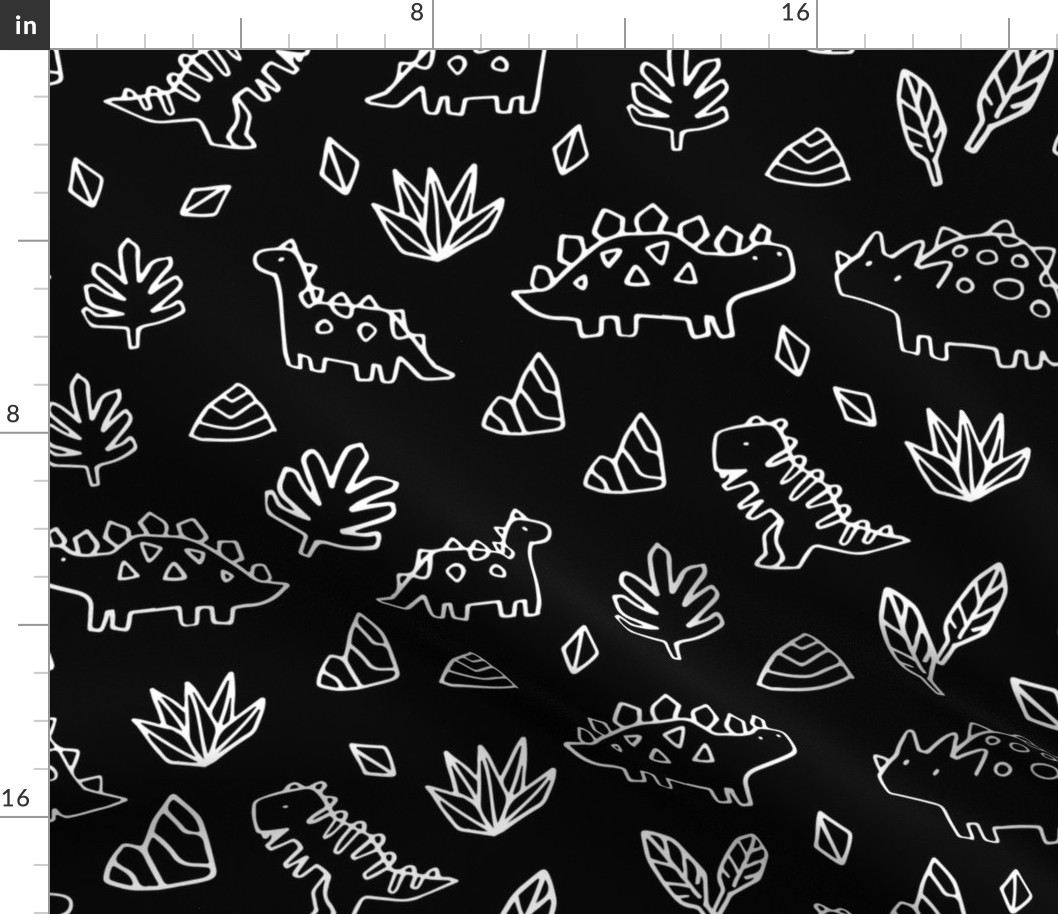 Sketchy tropical leaves and ancient dinosaurs design. Cute black and white dino pattern.