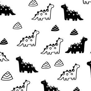 Sketchy rocks and ancient dinosaurs design. Cute black and white dino pattern.