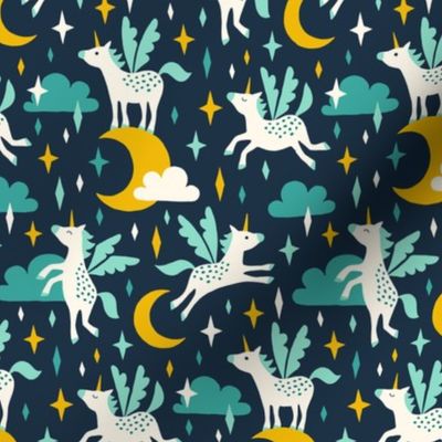 Unicorns in the sky in turquoise (medium/