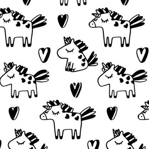 Cute unicorns pattern. Adorable sketch fairy animals. Mythical, dreamy black and white design.