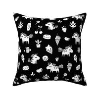 Cute unicorns and food pattern. Sketch fairy animals. Mythical, dreamy black and white design.