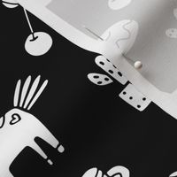 Cute unicorns and food pattern. Sketch fairy animals. Mythical, dreamy black and white design.