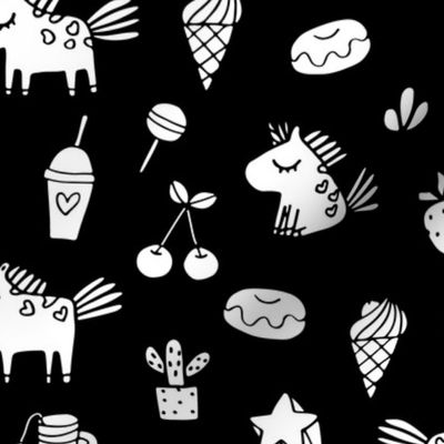 Cute unicorns and food pattern. Sketch fairy animals. Mythical, dreamy black and white design.