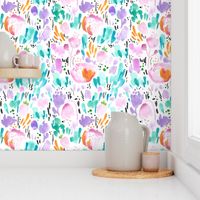 Watercolor Floral - Scandinavian Garden Flowers with Turquoise, Pink and Orange