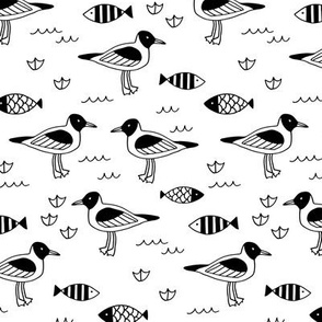 Birds. Sea gull black and white design. 