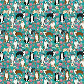 australian shepherd (small scale) dogs floral cute aussie dog vintage flowers fabric turquoise dog fabric cute aussie dog gift