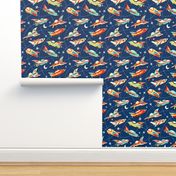 Vintage space cars - dark blue