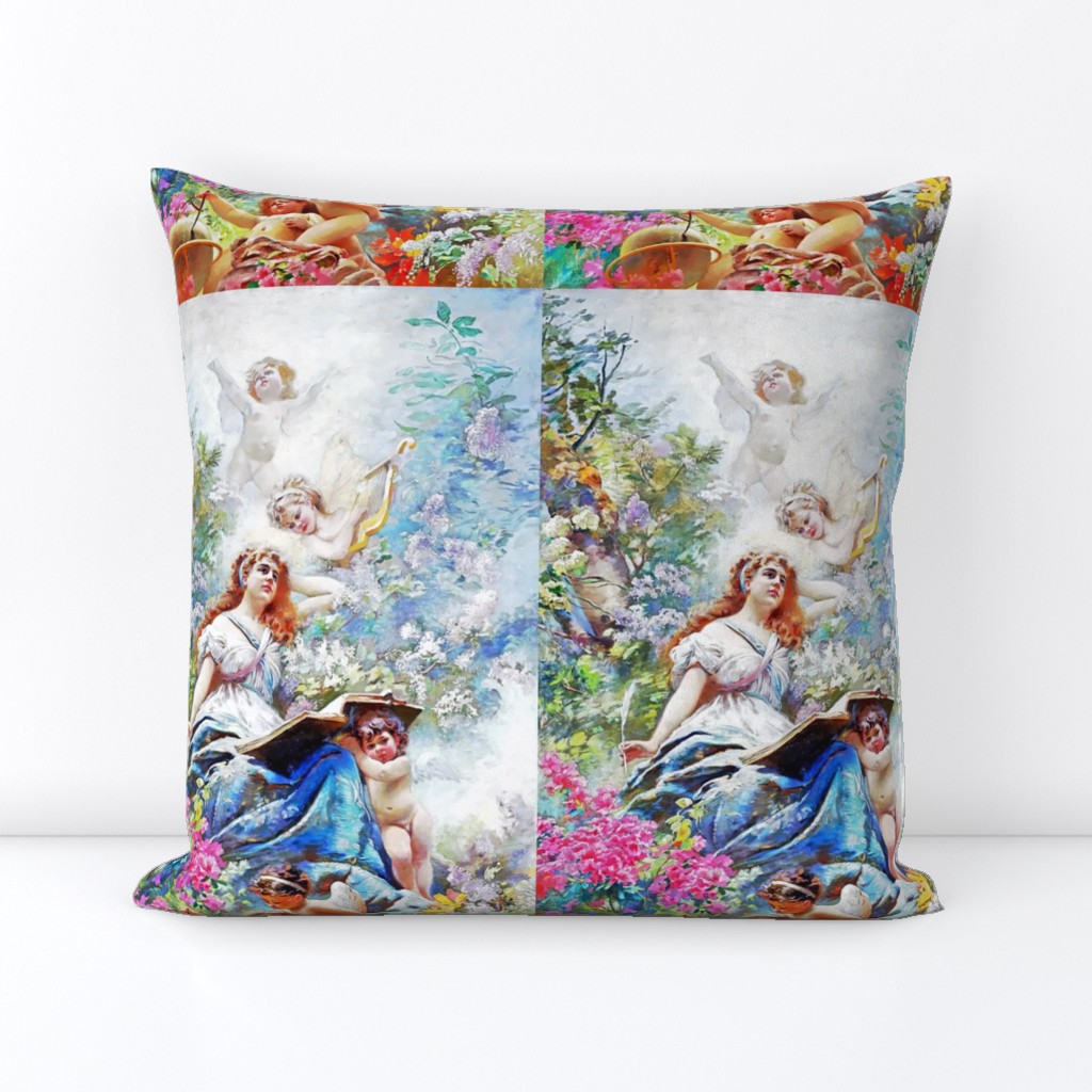 cherubs angels cupid inspired children boys wings fuschia pink white flowers floral victorian  beautiful lady nymphs woman  gardens harps globes compass writing feather quills leaf leaves plants shabby chic beauty mythology maidens romantic egl elegant go