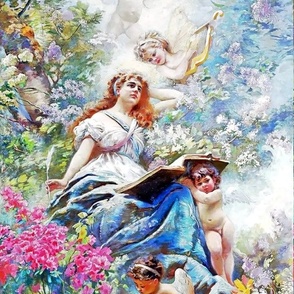 cherubs angels cupid inspired children boys wings fuschia pink white flowers floral victorian  beautiful lady nymphs woman  gardens harps globes compass writing feather quills leaf leaves plants shabby chic beauty mythology maidens romantic egl elegant go