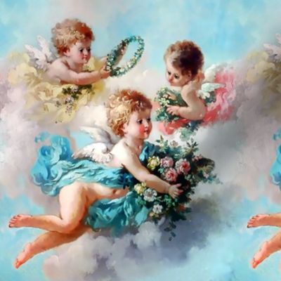 cherubs angels cupid inspired children boys wings sky clouds seamless flowers floral roses wreaths crowns bouquet victorian pink blue yellow shabby chic romantic egl elegant gothic lolita  vintage antique baroque