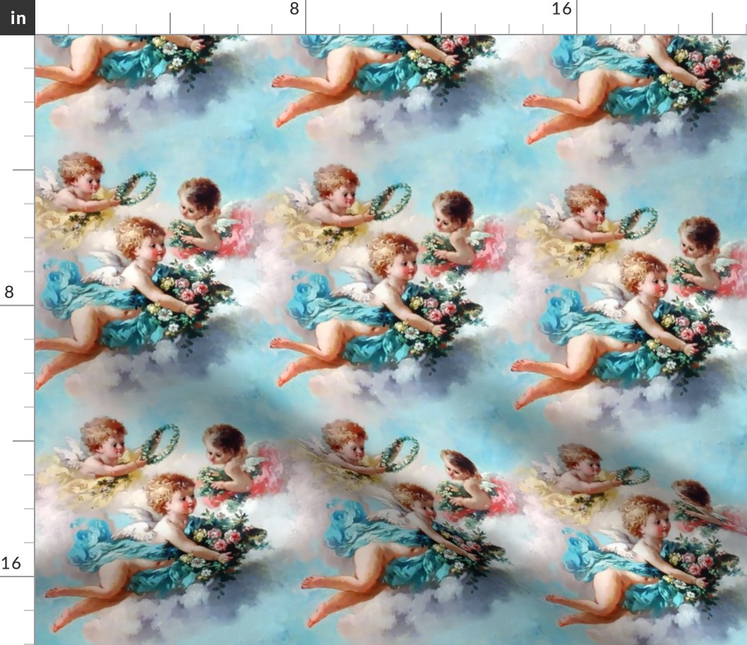 cherubs angels cupid inspired children boys wings sky clouds seamless flowers floral roses wreaths crowns bouquet victorian pink blue yellow shabby chic romantic egl elegant gothic lolita  vintage antique baroque