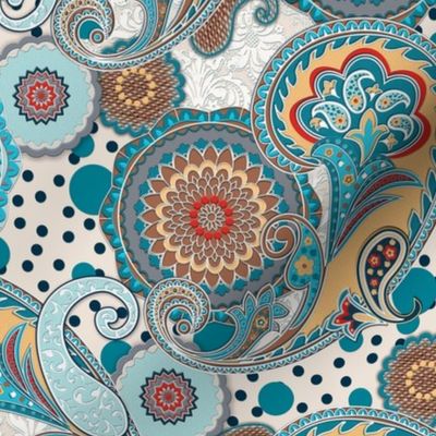 Paisley Mandala aqua cream teal red L