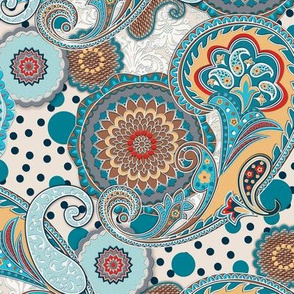 Paisley Mandala aqua cream teal red L