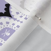 White and Black Skull and Crossbones Lace on Lavender - Cut and Sew Ruffles or Pillows