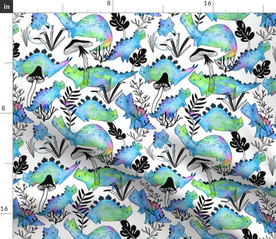 Сolorpencil catosaurs pattern. Dinosaurs cats and Mushrooms.