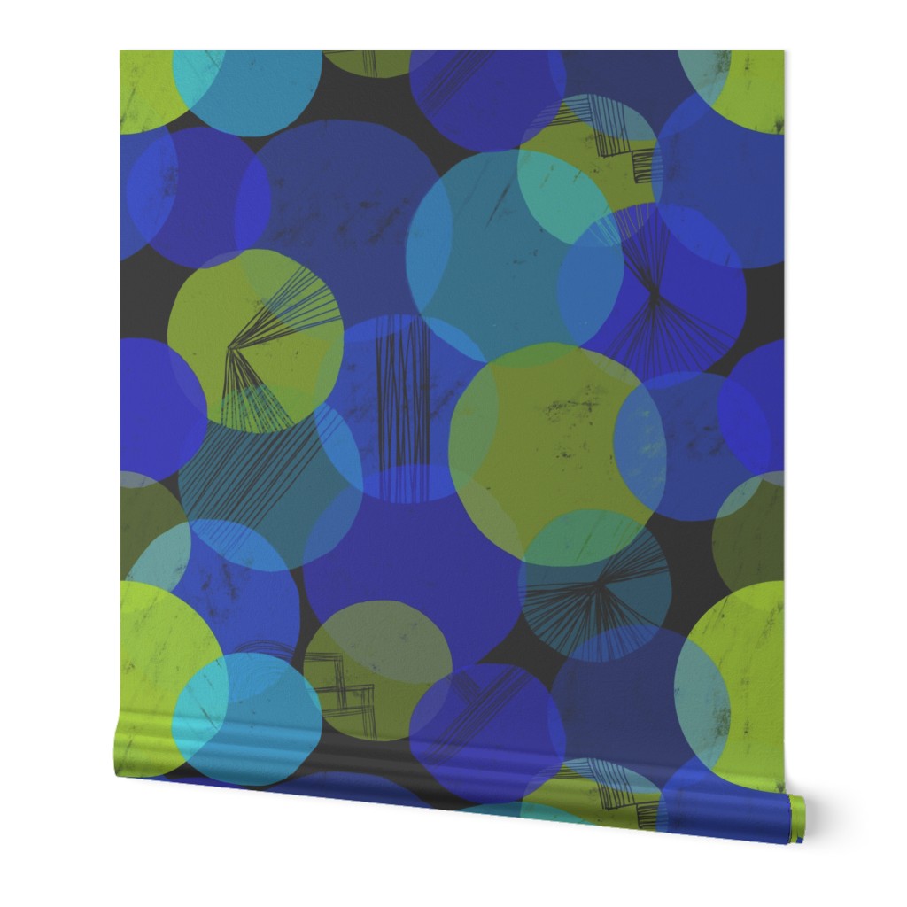 Bauhaus Bubbles (Blue, Green, Black bg) - by Kara Peters