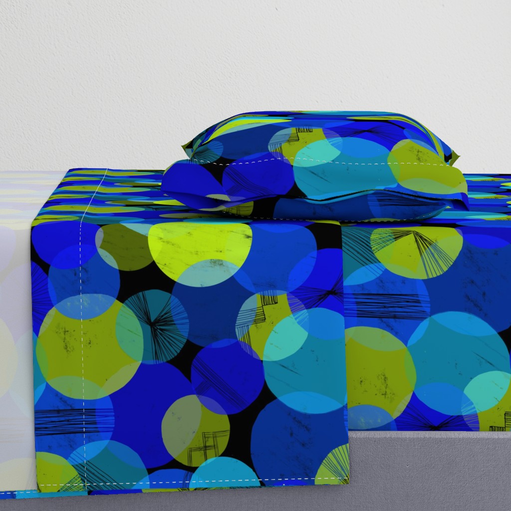 Bauhaus Bubbles (Blue, Green, Black bg) - by Kara Peters