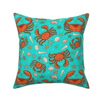 Crabs, starfish and seashells on a turquoise background