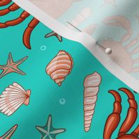 Crabs, starfish and seashells on a turquoise background