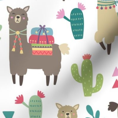 Alpaca and Cactus Pattern on White Background