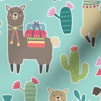 Alpaca Cactus Pattern on Bright Blue Background