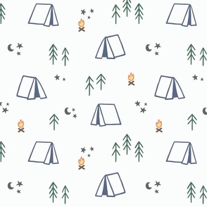Camp Pattern with Trees, Camp Fires, Tents, and More
