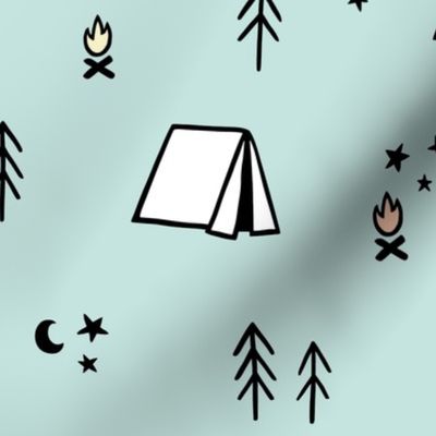 Camping Pattern on Mint Background