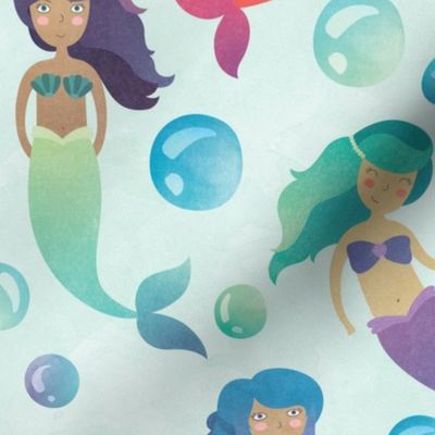 Watercolor Mermaids with Blue Background