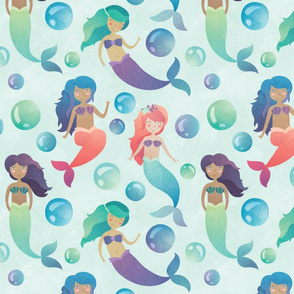 Watercolor Mermaids with Blue Background