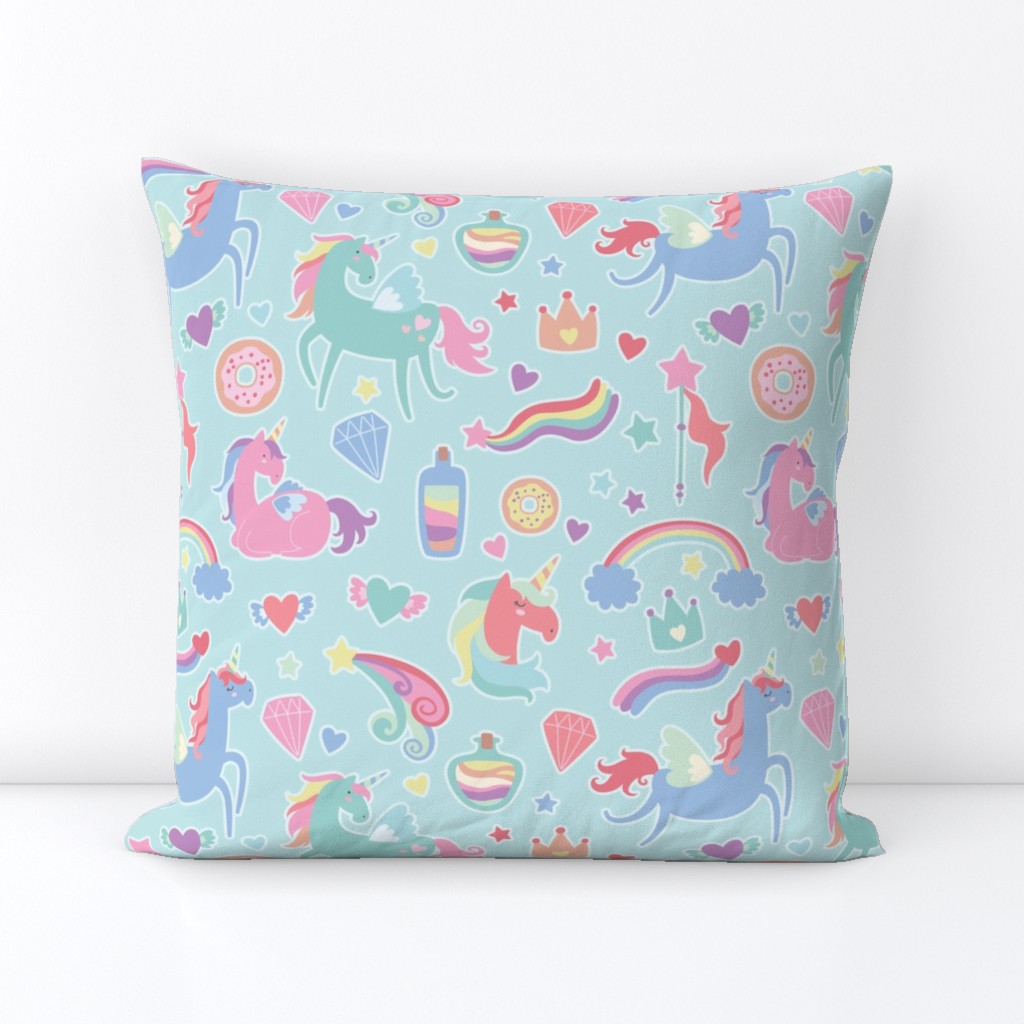 Colorful Unicorn Pattern on a Blue Background