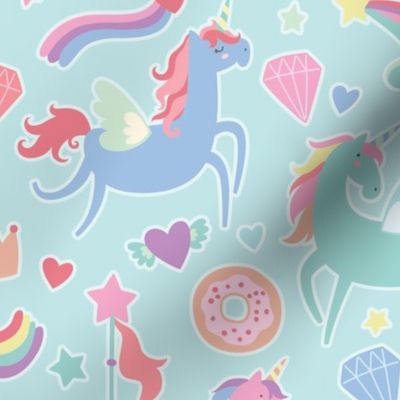 Colorful Unicorn Pattern on a Blue Background