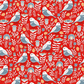 Gray birds with ornaments, flowers and leaves on a red background. 