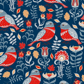 Bright birds, flowers and leaves on a blue background.
