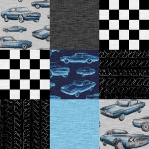 Muscle Cars Wholecloth Patchwork- blue 