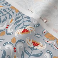 Summer pattern of circular floral patterns on a gray background.