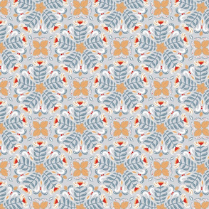 Summer pattern of circular floral patterns on a gray background.