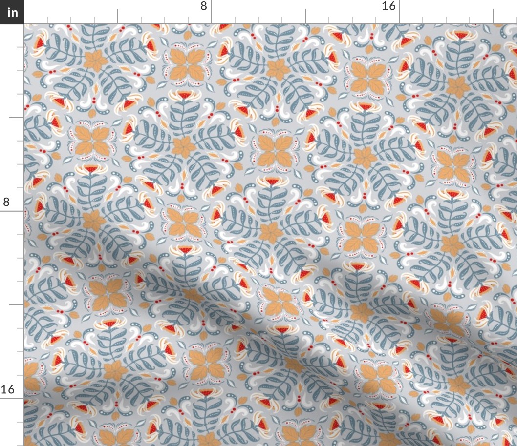 Summer pattern of circular floral patterns on a gray background.