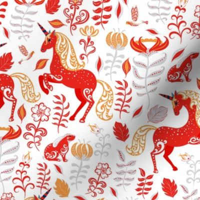 Fabulous red unicorns, rabbits with ornaments, flowers and leaves on a white background.