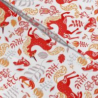 Fabulous red unicorns, rabbits with ornaments, flowers and leaves on a white background.