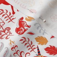 Fabulous red unicorns, rabbits with ornaments, flowers and leaves on a white background.