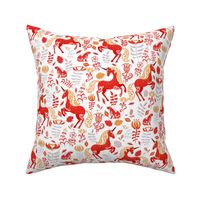 Fabulous red unicorns, rabbits with ornaments, flowers and leaves on a white background.