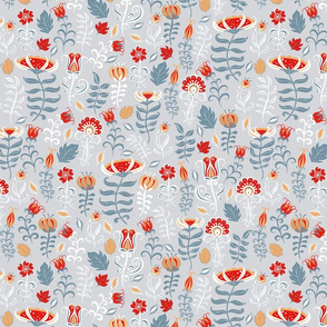 Summer decorative pattern with flowers and leaves on grey background