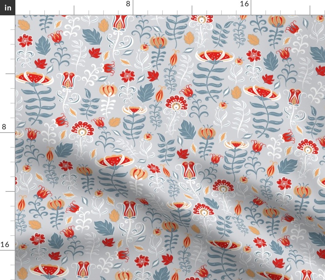 Summer decorative pattern with flowers and leaves on grey background