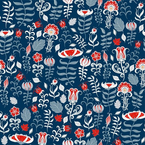 Summer decorative pattern with flowers and leaves on blue background.