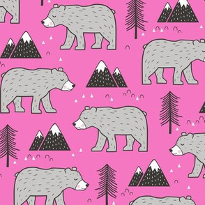 Mountain Bear  Woodland on Dark Pink