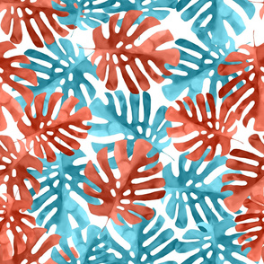 Tropical Leaves in Coral & Aqua Colors on White Background