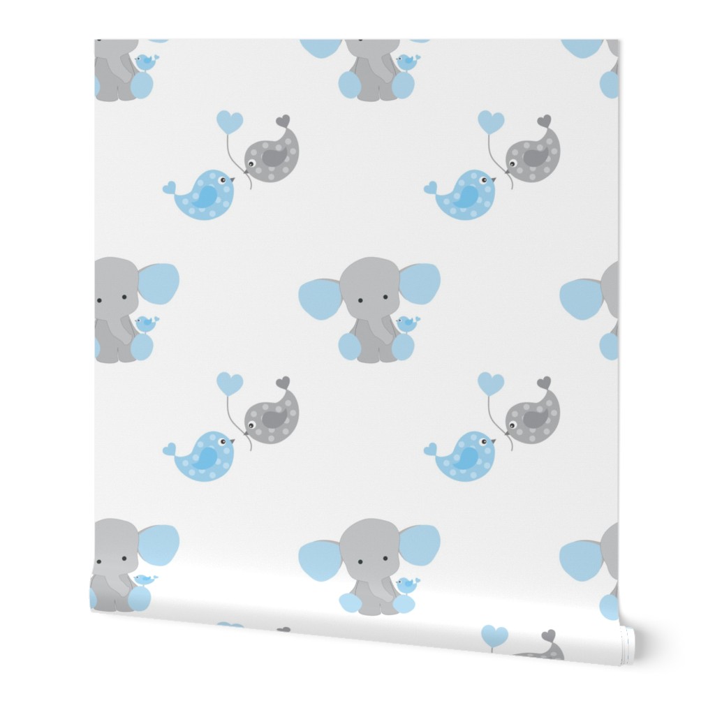 Blue Elephant Chickadee Bird Hearts Baby Boy Nursery